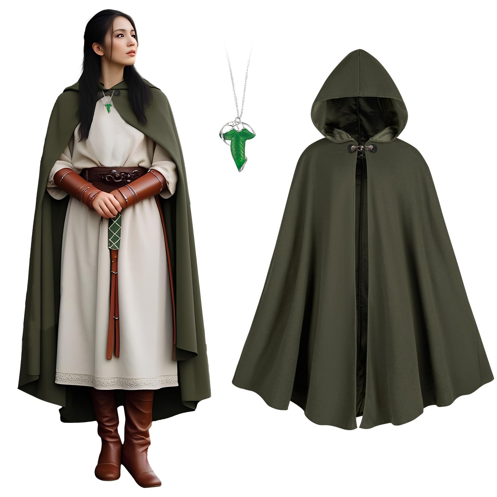 Renaissance Cloak Women medieval costume Long Cloak with hood and Green Leaf Brooch Necklace for Halloween Party