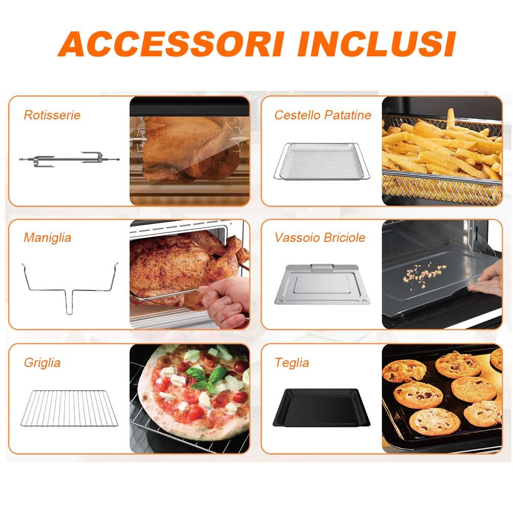 Bakaji Forno Friggitrice ad Aria Calda Capacità 30Lt 1800W Frigge Griglia Essicca Senza Olio Airfryer Display Touch 18 Programmi Funzione Doppia Cottura Timer Regolazione Temperatura Doppio Vetro