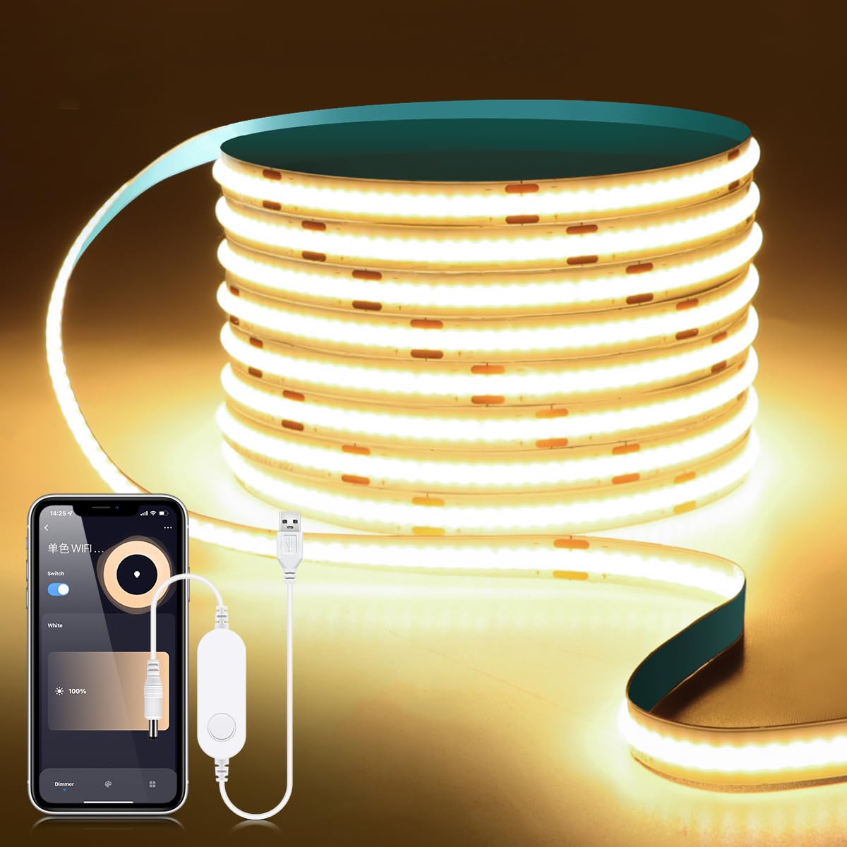 Smart LED Strip Lights, 9.84ft Zigbee USB 5V COB LED Strip Lighting Work with Alexa and Google Home, Dimmable Voice Tuya App Control Led Lights for Bedroom Under Cabinet Kitchen Home (Warm White)