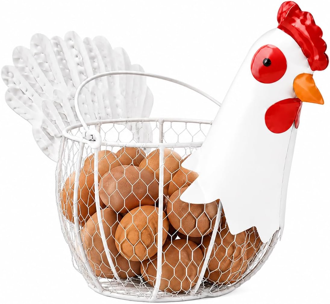 Chicken Egg Basket, Rooster-Shaped Metal Wire Egg Collecting Basket with Handle, Rustic Farmhouse Countertop Holder for Eggs, Fruit & Kitchen Decor Gift for Eggs Lovers (White)