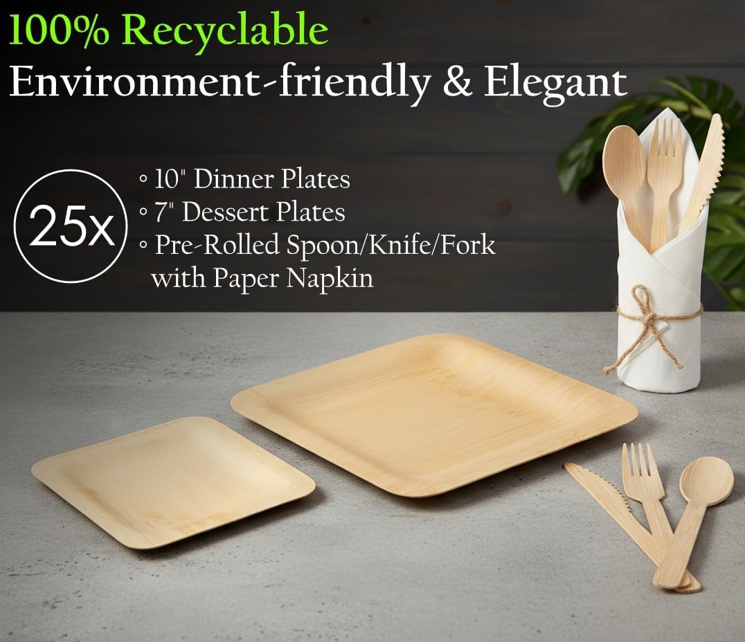 Disposable Premium Genuine Bamboo Plates & Pre-Rolled Cutlery Party Sets - 10" & 7" Bamboo plates - Elegant Spoon, Knife, Fork Set in Tissue Paper for Special Events - For 25 Guests - Image 2