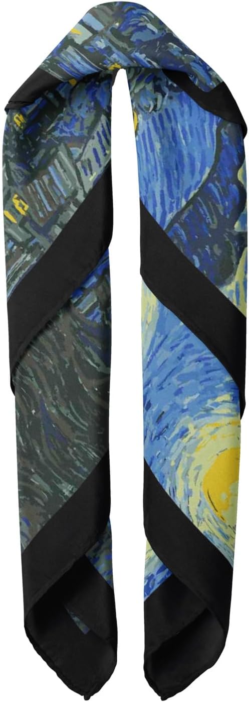 Artistic Print Bandana Scarf 20x20 in Satin Polyester Fashionable Head Neck Hair Accessory for Women Girls Black Blue Yellow - Siyah Mavi Sarı
