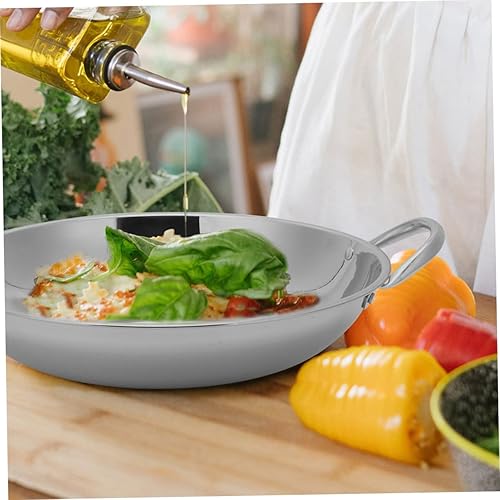 Miniatura 4 de BESTonZON Sartén redonda de acero inoxidable para paellas, sartén de fondo plano, sartén de doble oreja, olla Sukiyaki, plato de aperitivos con