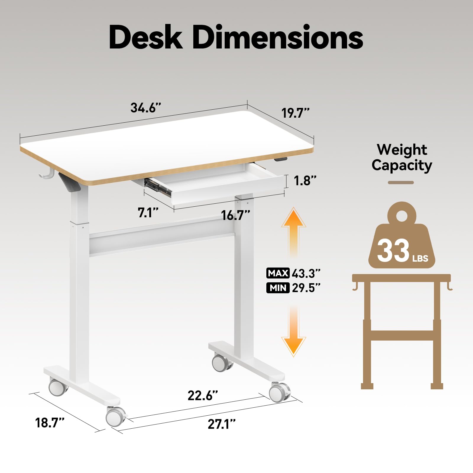 JOY worker Mobile Standing Desk 35In Small Height Adjustable Desk with Drawer Rolling Treadmill Desk Workstation with Wheels — view 2