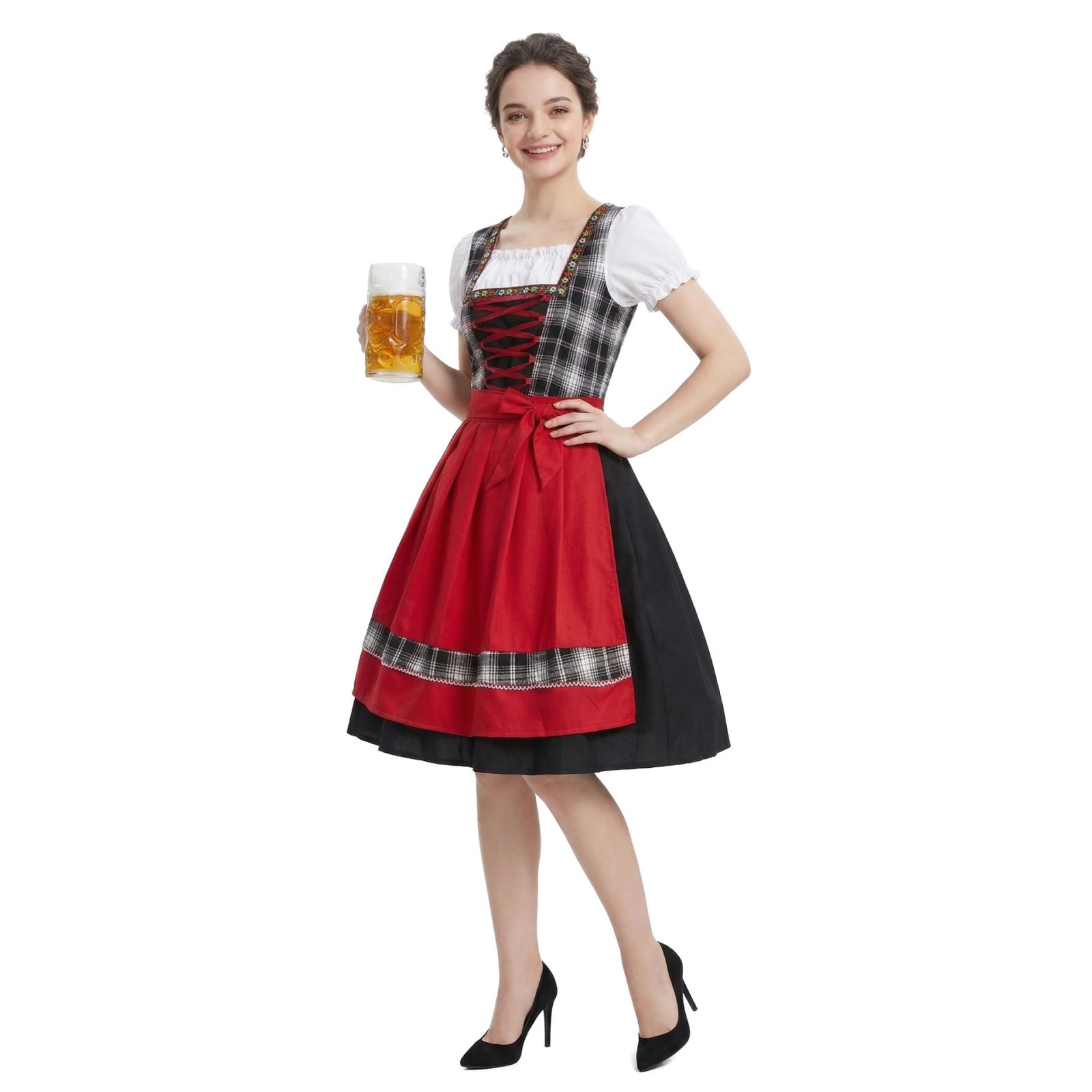 Saymany Oktoberfest Damen Outfit Midi Quadratischer Kragen Trachtenkleid Trachtenmode Trachtenrock Dirndl Kleid Trachten Einfarbige Dirndlkleid Dirndl Kleidung Mit Gürtel