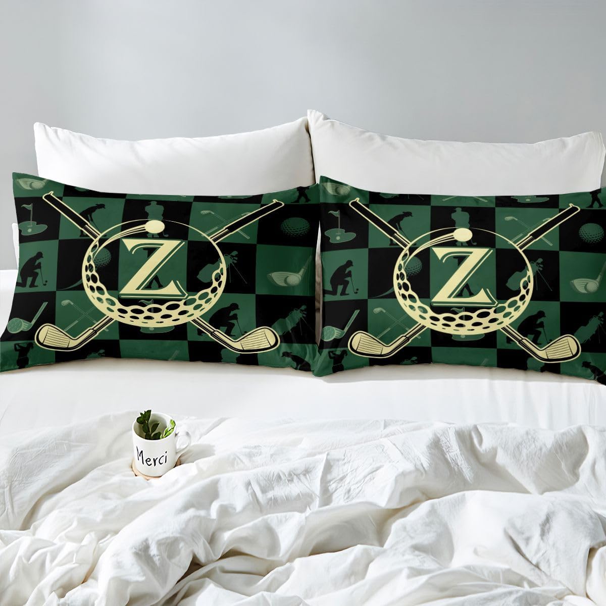 Erosebridal Golf Alphabet Letter Bed Sheets Full Ball Sports Lover Style Fitted Sheet Modern Personalized Initial Z Bedding Set,Monogrammed Golf Plaid Bed Cover 3 Pcs