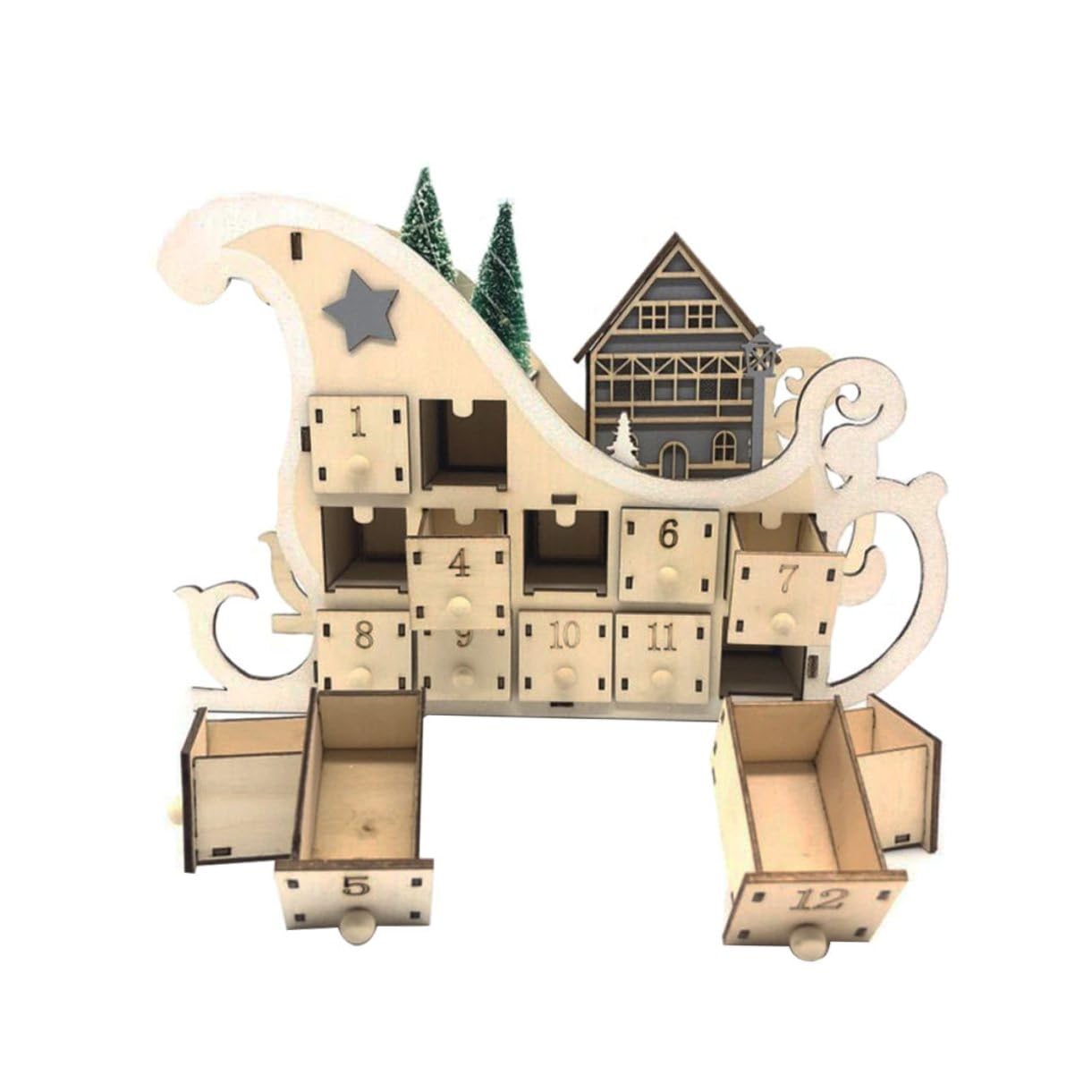 GALPADA Holz Adventskalender Weihnachtsdeko mit Stabilem Schlitten design Tage Countdown DIY Bemalbar Langlebige Tischdekoration für Wohnzimmer und Esstisch Festliche Holzkunst