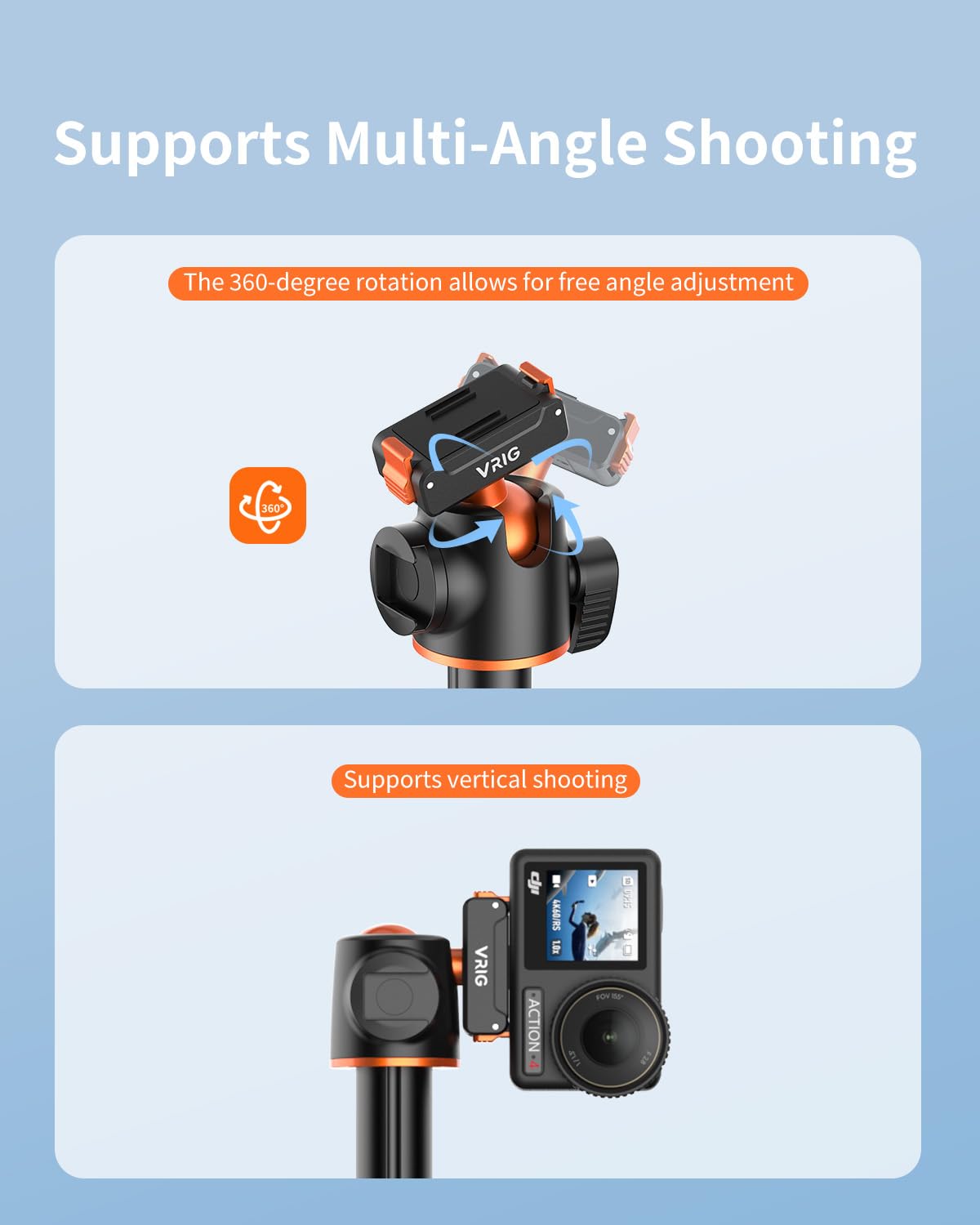 VRIG AC-40S Selfie Stick Stativ für DJI Osmo Action 5 Pro, Länge 33-140 cm, 1/4-Zoll-Schraube & Schnellverschluss-Adapterhalterung für DJI Osmo Action 4/3/Osmo 360