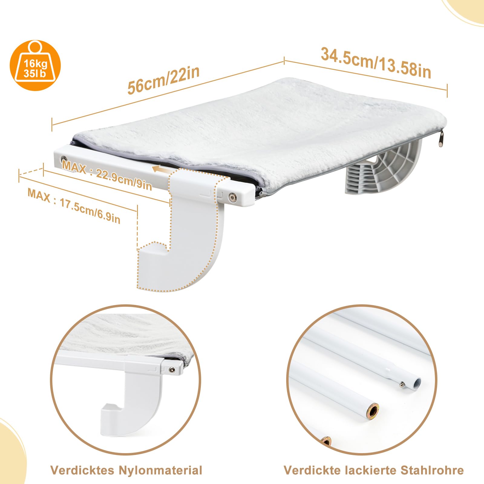 GUUSII HOME Katzenliege Balkon Fensterhängematte für Heizung Heizkörper 56 * 34.5cm Hängematte für Katzenfenster Katzen Fensterliege Fensterplätze Katzenbett Fensterbank Fensterliegeplatz (S)
