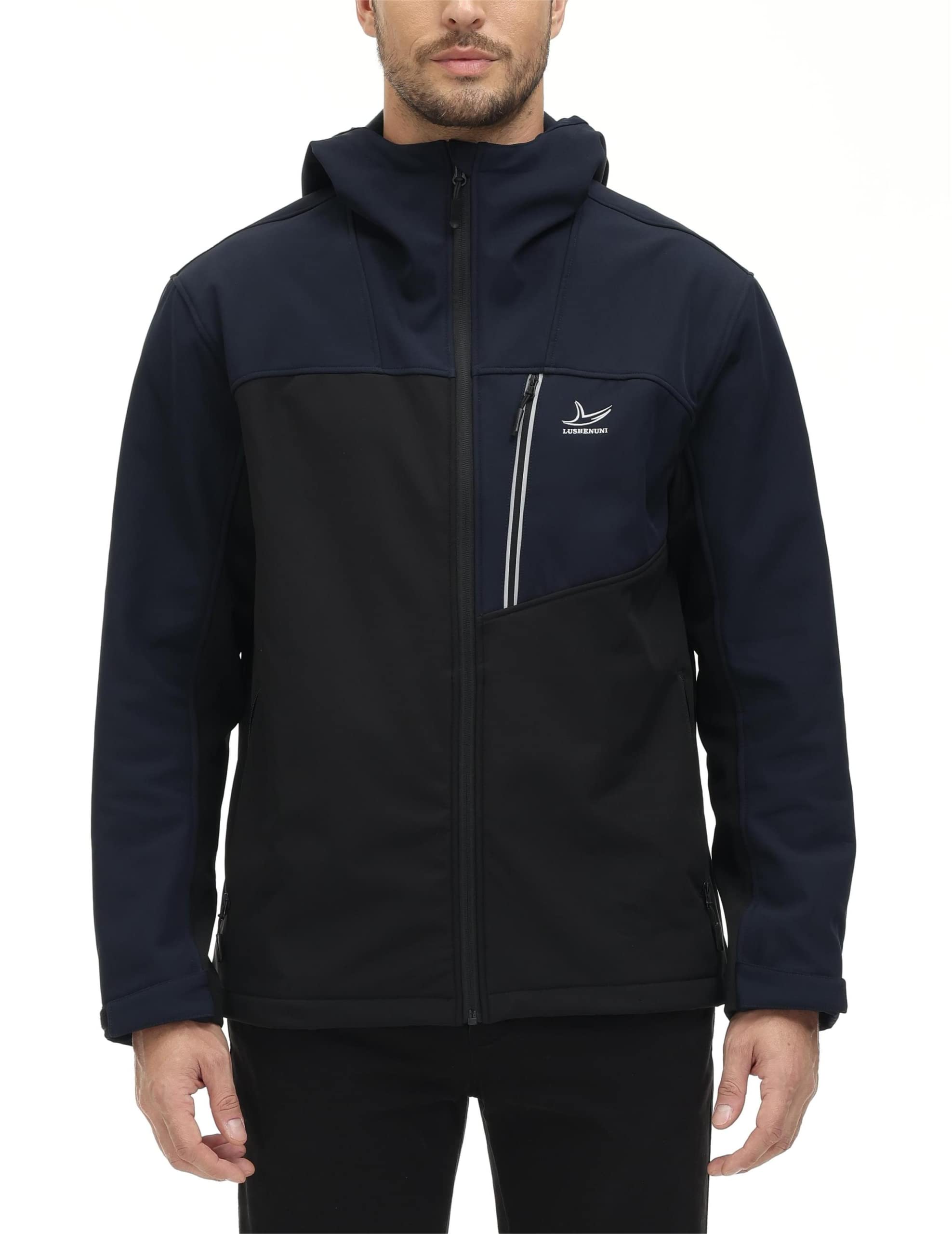 Photo 1 of LUSHENUNI Men's Soft Shell Jacket Fleece Lined Warm Lightweight Hooded Windbreaker Winter Water-Resistant Jacket Black/Navy Medium