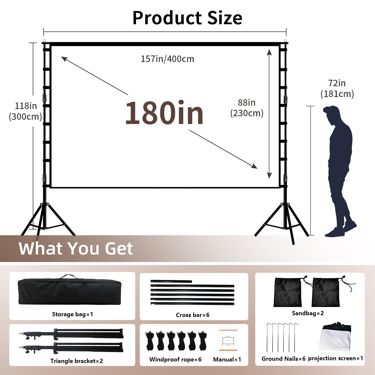 Wootfairy Projektor-Leinwand mit Ständer, 457,2 cm (180 Zoll), tragbare und faltbare Projektionsleinwand 4K HD 16:9, hintere Vorderseite, faltenfreie Filmleinwand mit Tragetasche für drinnen und