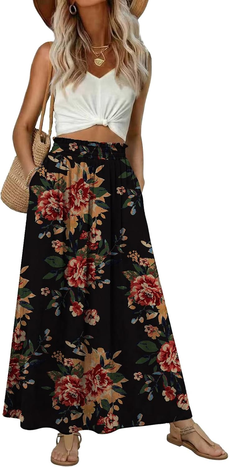 DouBCQ Womens Long Skirt Casual Elastic High Waist Flowy Pleated Maxi Skirts with Pockets