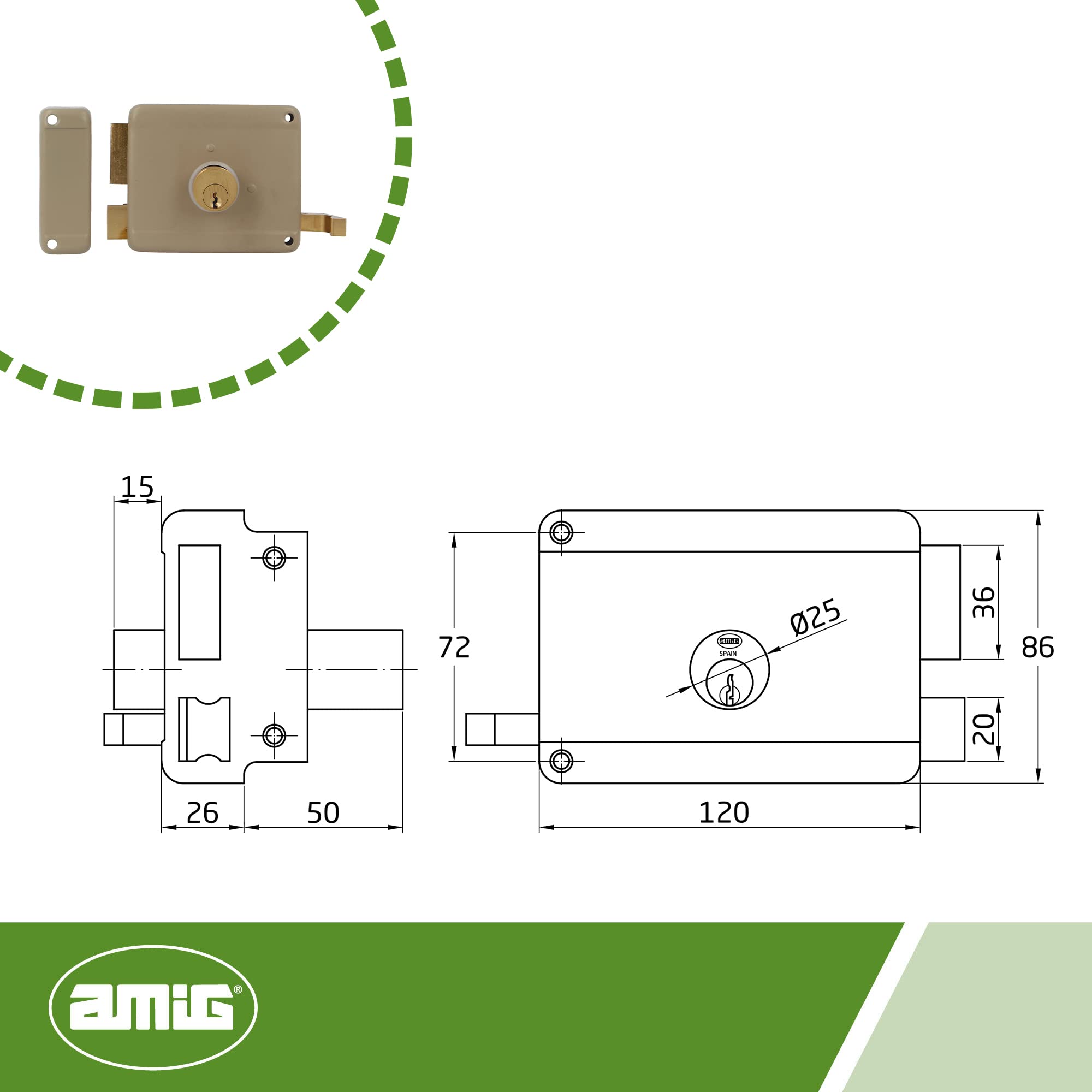 Amig - Serratura a Soprapponere Destra con leva di Chiusura, Linguetta e Maniglia per Porte in Legno Mod. 78 | 120 x 85 mm | Chiavistello con Cilindro Rotondo a Dente di Sega | Acciaio Beige