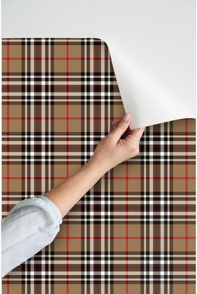 Peel & Stick Wallpaper 6ft x 2ft - Tartan Plaid Scottish Tan Brown Black White Custom Removable Wallpaper by Spoonflower