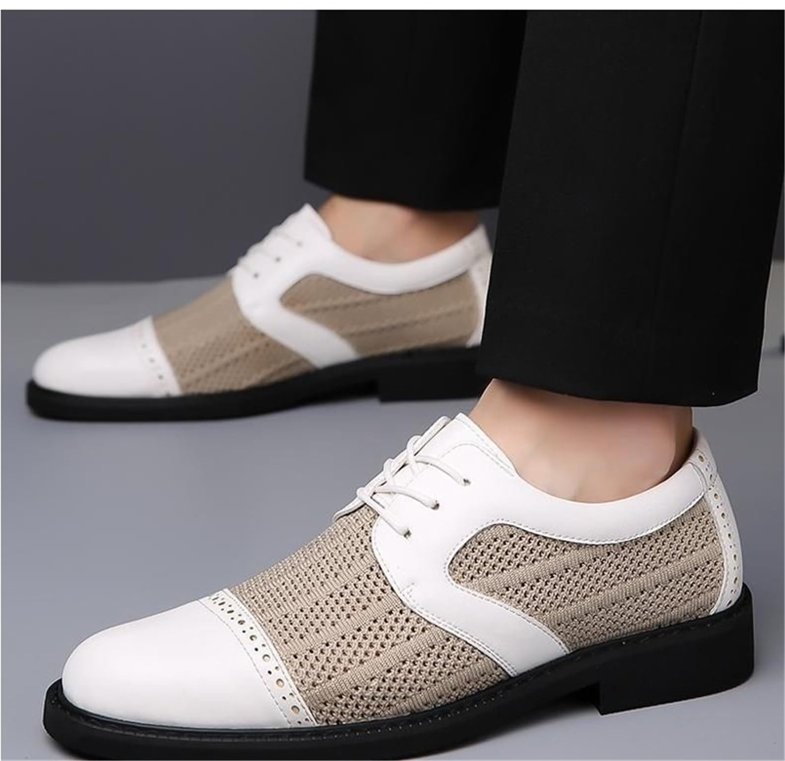 Zapatos de vestir hombre calados transpirables, Oxford casuales de malla y cuero con cordones, suela blanda antideslizante resistente al desgaste Negro Beige