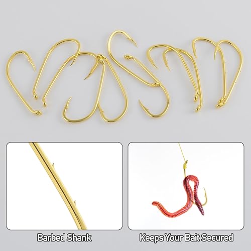 Miniatura 4 de Dr.Fish Paquete de 100 anzuelos para cebo, ganchos de pesca dorados, de agua dulce, anzuelo de cebo vivo, anzuelos de gusano, pesca de lubina, acero