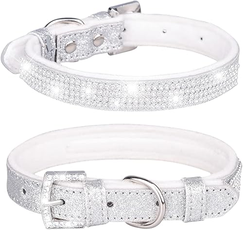 Pimaodog Collar de perro con diamantes de imitación, bonito collar de piel brillante para perro y gato con diamantes de imitación de cristal y