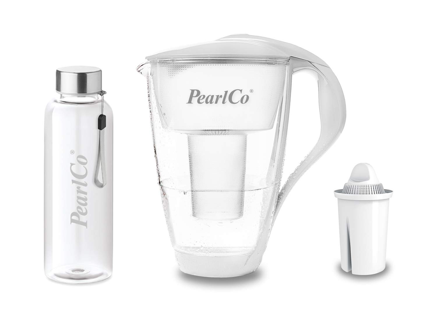 perlopur® Glas-Wasserfilter (weiß) +1 Kart. Universal +Glas-Trinkfl. | Borosilikatglas, 2 l gesamt, 1 l gefiltert, LED-Anzeige, für classic Kartuschen, reduziert Kalk, Chlor & andere Schadstoffe