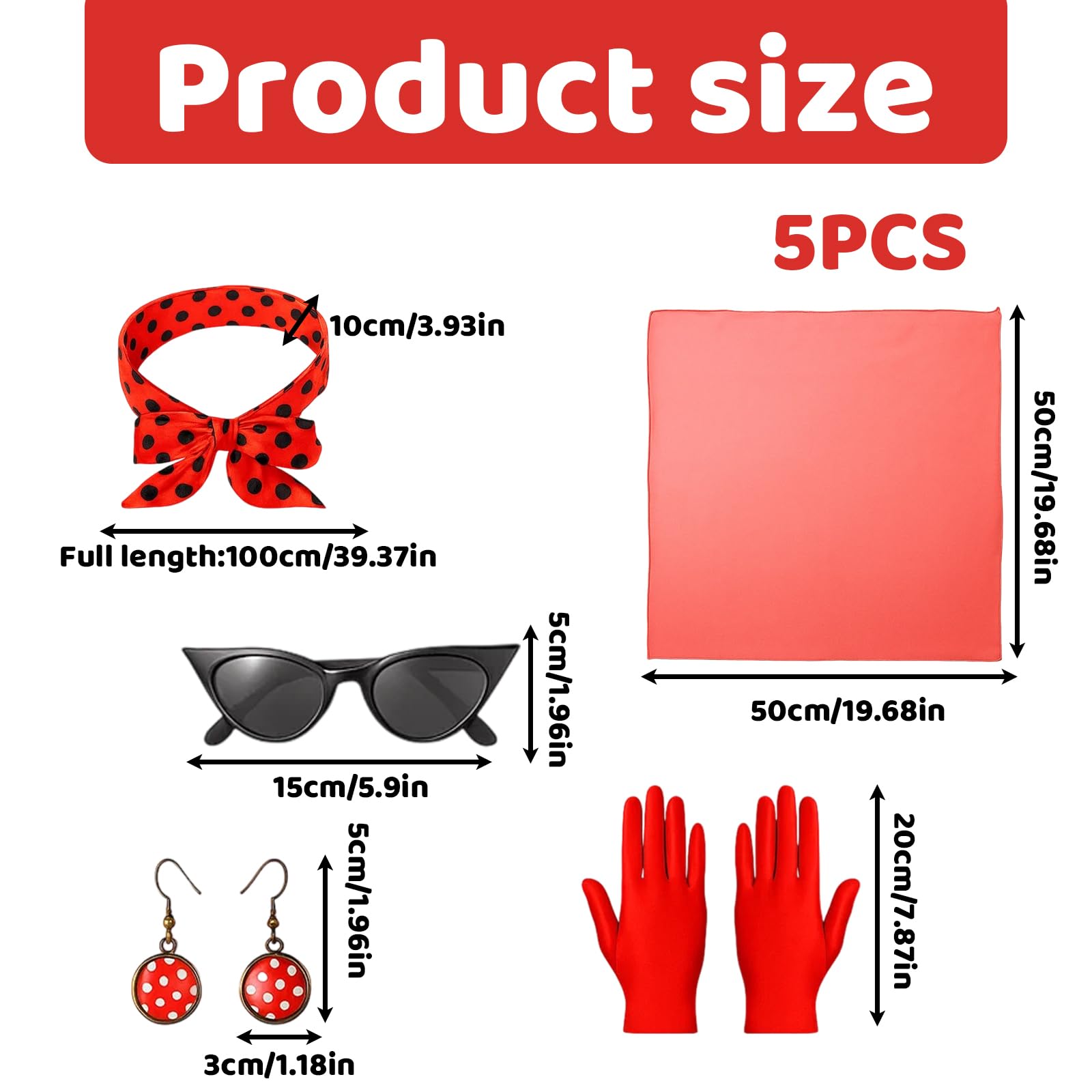 Grease Fancy Dress Women, 5-Piece 50s Accessories Set including Cat Eye Sunglasses, Polka Dot Headband, Scarf, Earrings - Image 2