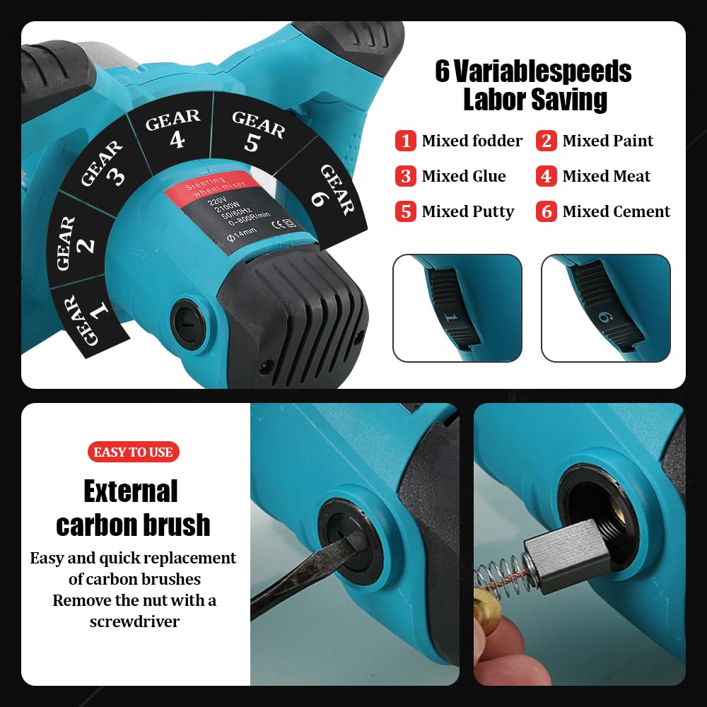 Miscelatore elettrico 2100 W, Betoniera Elettrica per Trapano 6 velocità incl. 2 frusta malta per Miscelazione di Vernice, Liquame di Cemento, Calcestruzzo, Malta, Foraggio (Blu)