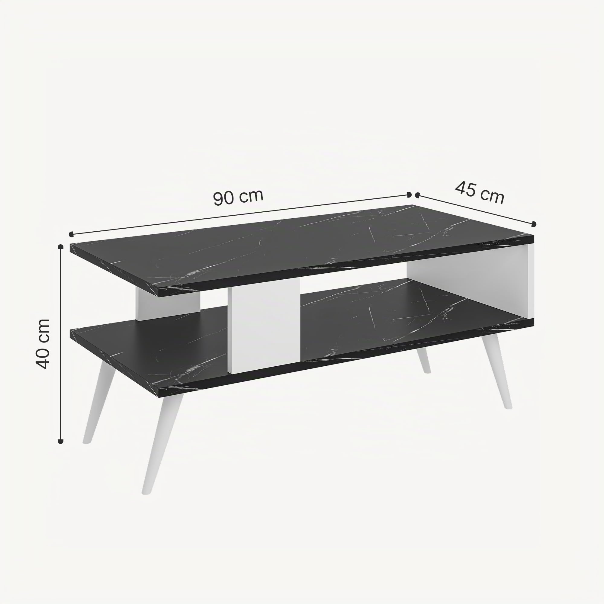 [en.casa] Mesa de Centro Rectangular Mesa Baja Estable con Estante para Salón Mesa Auxiliar Aglomerado 40 x 90 x 45 cm Mármol Negro/Blanco