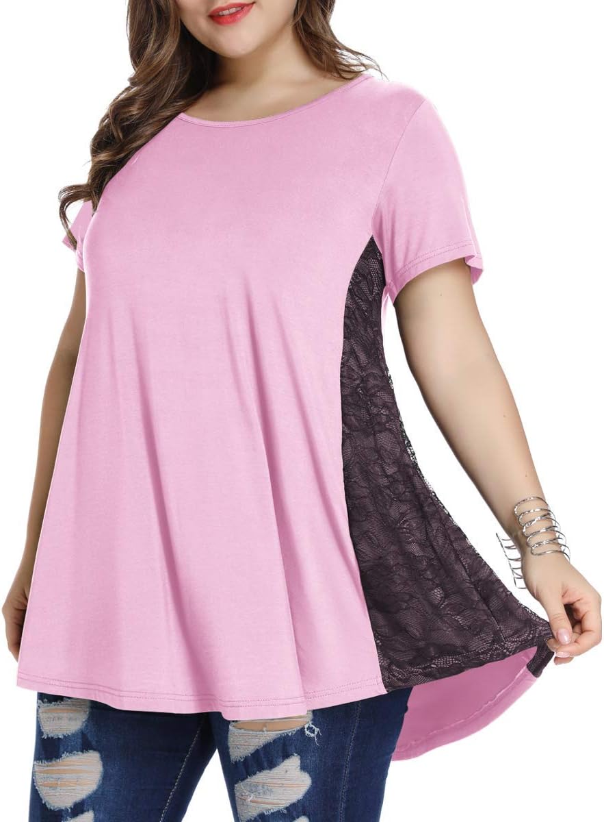 Women Lace Tunic Top Short Sleeve Flare T Shirt for Leggings