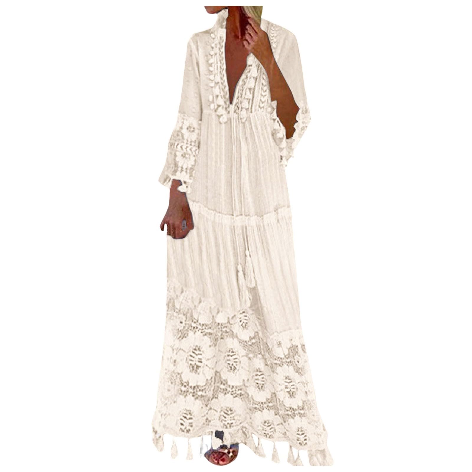 Vestido Mujer Bohemio Largo Verano Playa Fiesta Cordón Manga Larga Cuello en V Maxi Vestidos de Noche Banquete Cóctel
