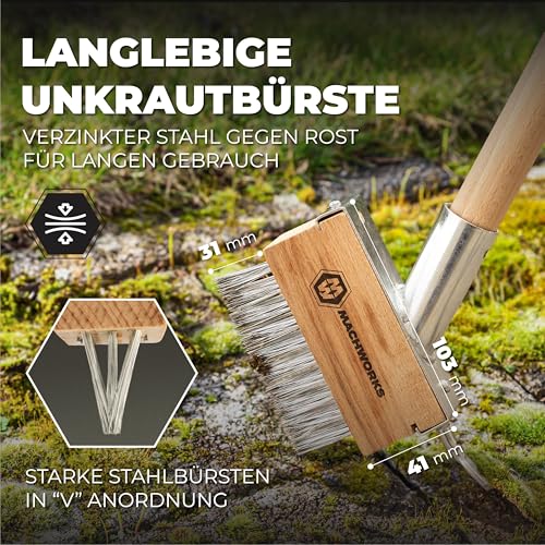 MACHWORKS® 5X Fugenbürste Unkraut [GRATIS MONTAGESCHRAUBEN] für ⌀24mm Holzstile mit Fugenkratzer | Verzinkte Unkraut Fugenbürste | Effektive Entfernung Dank V-Stahlborsten | Fugenreiniger Garten