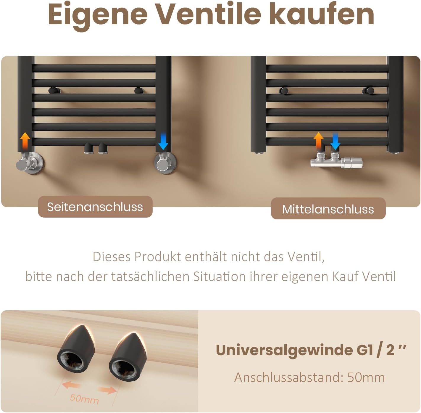 Diagram showing central and side connection options for the radiator, with G1/2 inch universal thread and 50mm connection distance