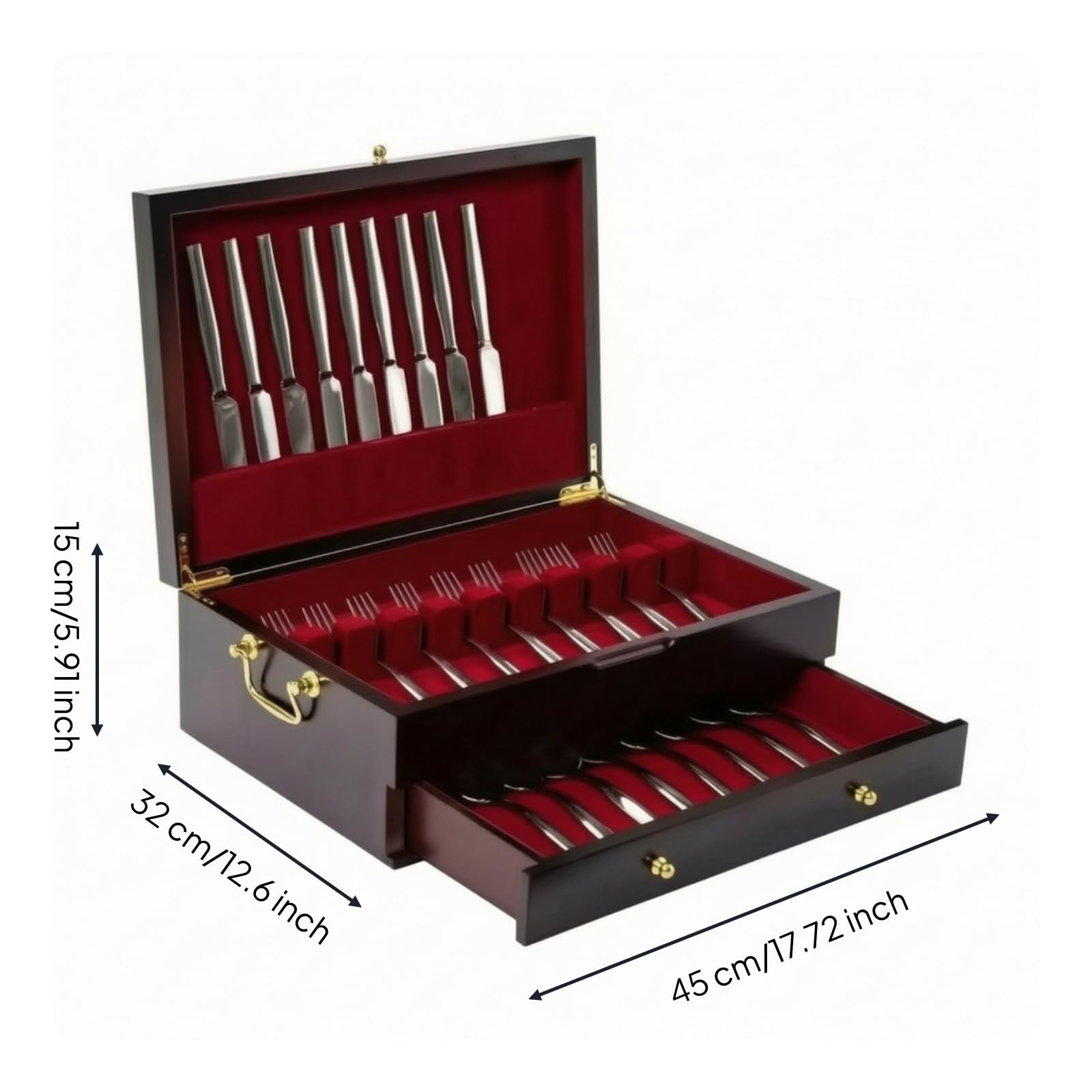 Coffret à Couverts en Bois Multi Couches Boîte Rangement Organisateur Intérieur Feutre Rouge Protection Anti Rayures Tiroir Ample Fermeture Sûre