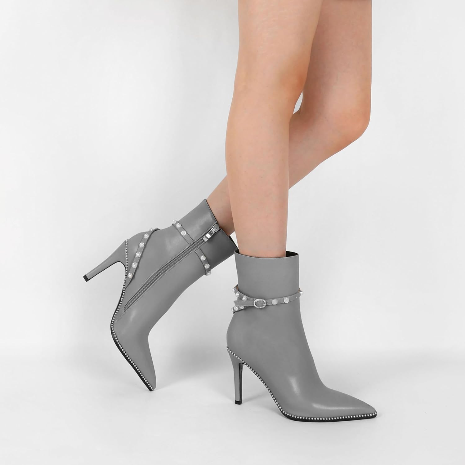 SAMMITOP Women Ankle Boots Short Bootie Close Pointed Toe Stiletto High Heel Booties Fashion Beaded Pearl Buckle Dress Shoes 4 Inch