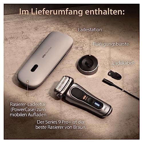 Foto von Braun Series 9 Pro+ Rasierer Herren Elektrisch, Elektrorasierer mit 5 Pro Rasierelementen, Langhaarschneider, Rasierer-Ladeetui PowerCase, 60 Min Laufzeit, Made in Germany, 9527s, Silber