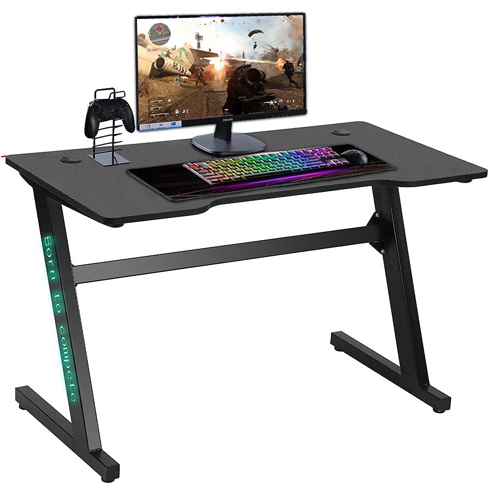 BAKAJI Bureau Gaming Porte-PC avec lumières LED RGB Changement de Couleur Structure Métal Plateau Bois Texture Fibre de Carbone avec Tapis Souris Mousepad Inclus 120 x 60 x 73 cm Jeu Online
