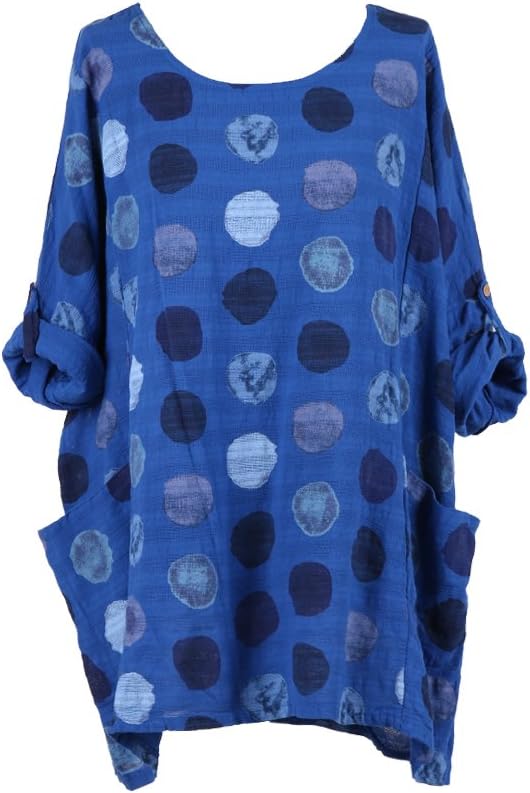 LushStyleUK New Ladies Italian Multicolor Polka Dot Cotton Top Women Lagenlook Top Plus Size (Royal Blue)