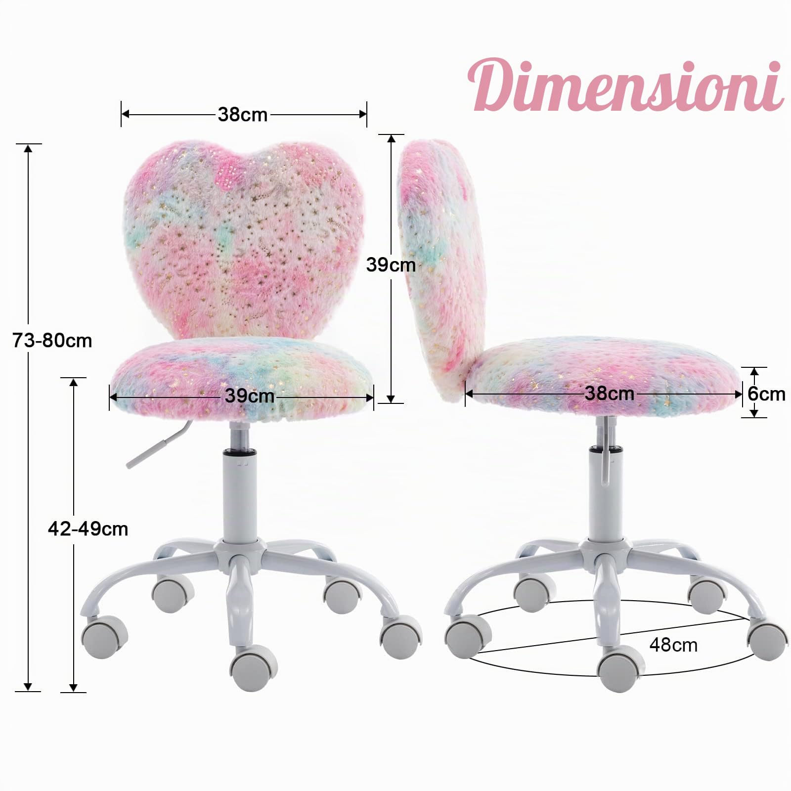chairus Sedia da Scrivania per Bambina in Pelliccia Sintetica Sedie Girevole ad Altezza Regolabile Sedia Studio con Schienale a Forma di Cuore per Studio/Cameretta, Colorato