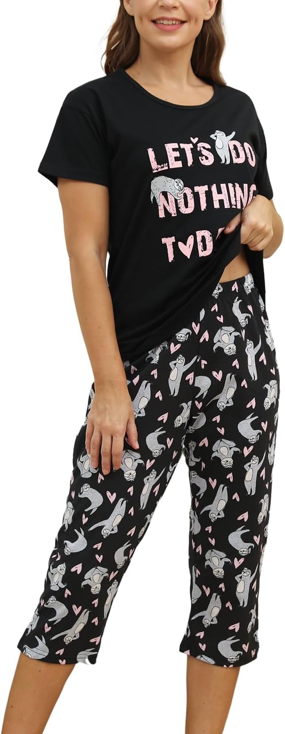 Inadays Womens Cotton Pajama Sets Short Sleeve Top With Capri Pants 2 piece sets for Women Summer Pajamas Lounge Set - Image 2