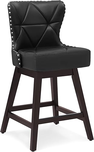 Counter Height Bar Stools, 26" H Swivel Bar Stool with Back, Faux Leather Counter Stool, Solid Wood Legs, Retro Upholstered Barstools for Kitchen