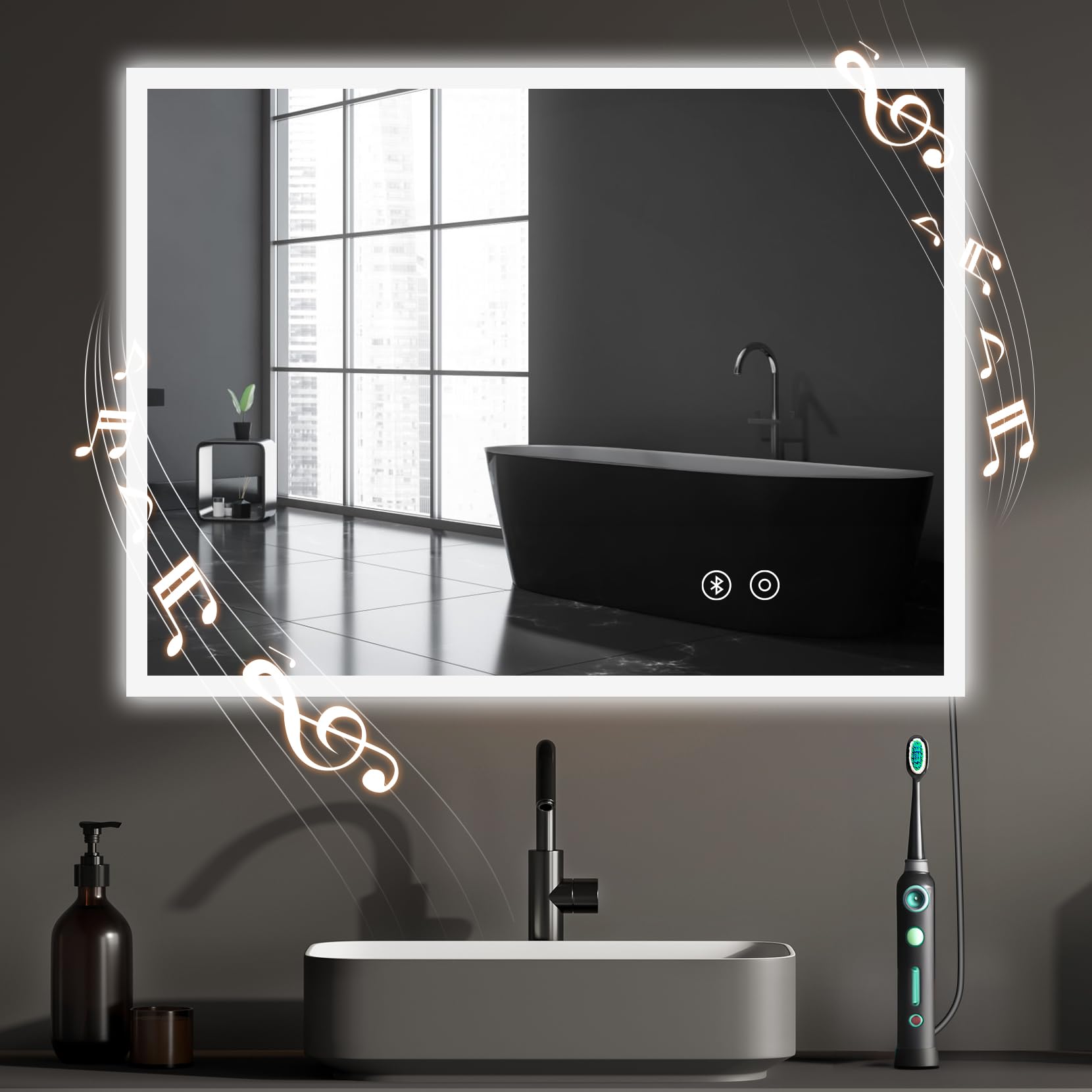 YOLEO Espejo de Baño con Luz, Espejo LED con Bluetooth, Espejo de Baño con Toma de Corriente, Antivaho, 3 Colores de Luz Ajustables, 80x60cm