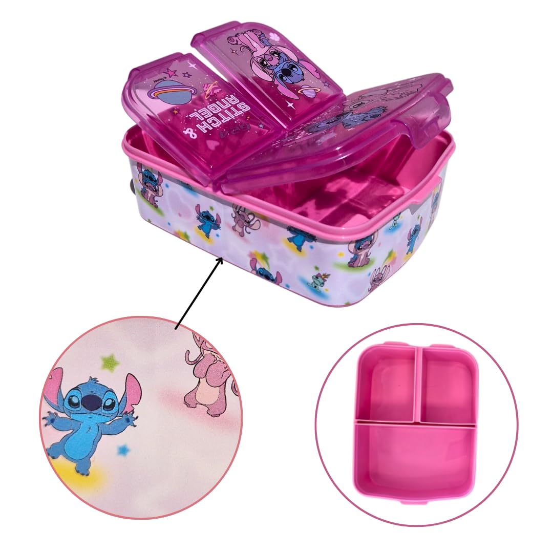 Stor, Sandwichera Stitch y Angel, Fiambrera para Niñas, Lonchera Porta Alimentos Escolar para Snacks, Almuerzos y Meriendas, con 3 Divisiones, Ligera y Fácil de Limpiar Reutilizable (Kawaii) 17x14x5Cm