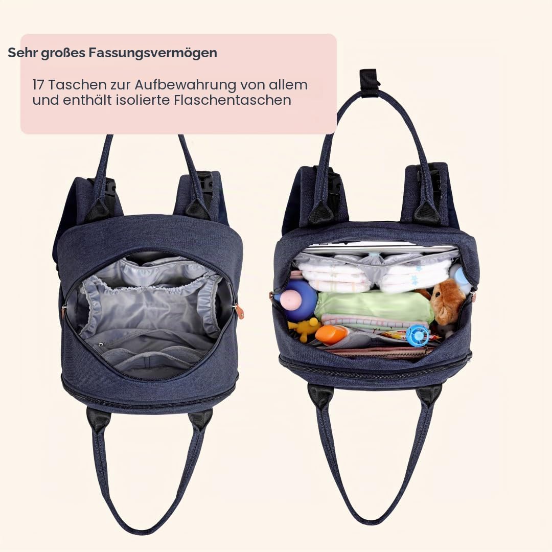 BabbleRoo Wickeltasche Rucksack – Große Kapazität, 17 Taschen, Wasserabweisend – mit Wickelauflage, abnehmbarem Schnullerhalter, Kinderwagengurten – Reiserucksack für Mama & Papa