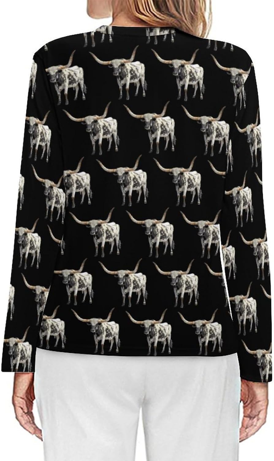 Longhorn Bull Women's Pajama Top Sleepwear Pajamas Sleep T-Shirt Long Sleeve Shirt Crewneck Tee