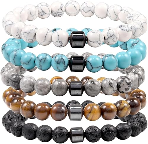 Miniatura 3 de COLORFUL BLING Pulsera de chakras de cuentas de yoga de cristal, pulsera elástica ajustable de piedras preciosas volcánicas de malaquita volcánica