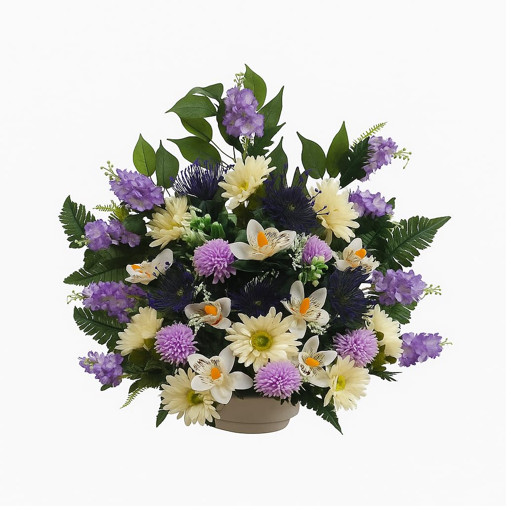 DRW Centre de Fleurs artificielles Violettes et Blanches pour cimetière, Mariage, église avec gerberas, Marguerites et orchidées 67 x 62 x 22 cm