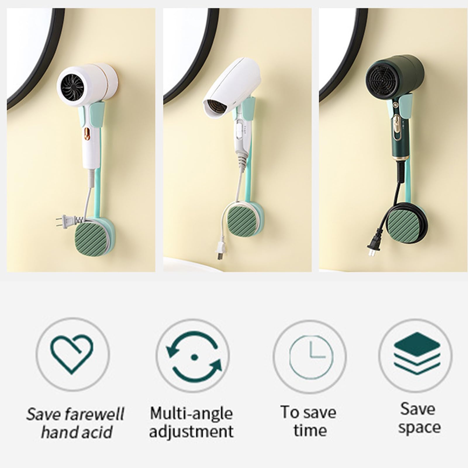 Support Mural Sèche-Cheveux Réglable 360° Avec Enrouleur Câble - Mains Libres Salle De Bain