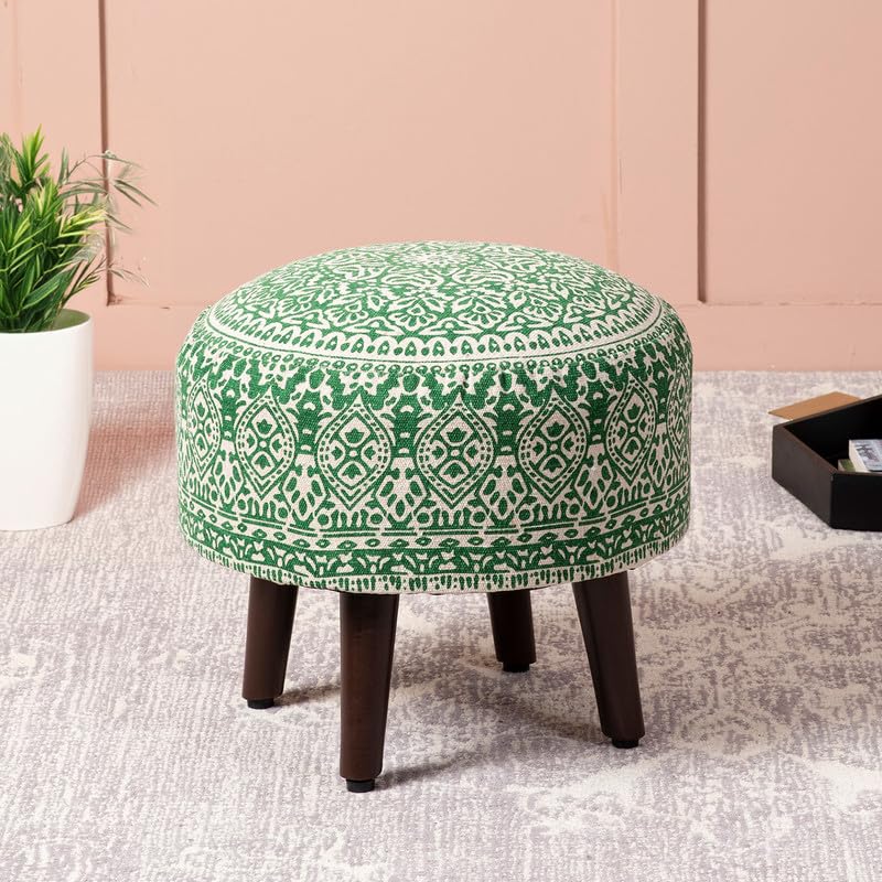 Image of nestroots Wooden Ottoman Stools for Living Room | Printed Poufes for Sitting, Foot Rest with 4 Wooden Legs | 14 Inch Height, Green | Stylish & Comfortable Furniture for Home Decor