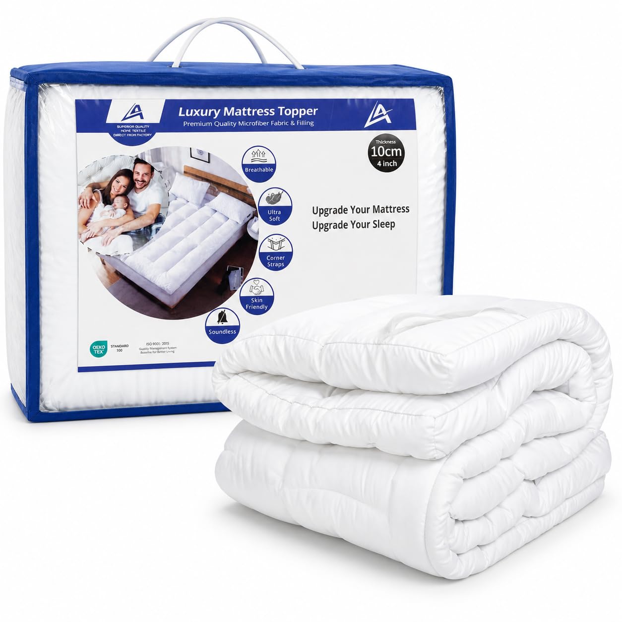 4AS Ultimate Deep Sleep 10cm Mattress Topper Double Bed - Luxury 4 Inch Extra Thick Mattress Topper with Easy Fit Straps - Hypoallergenic and Machine Washable, (Double – 137x190cm)