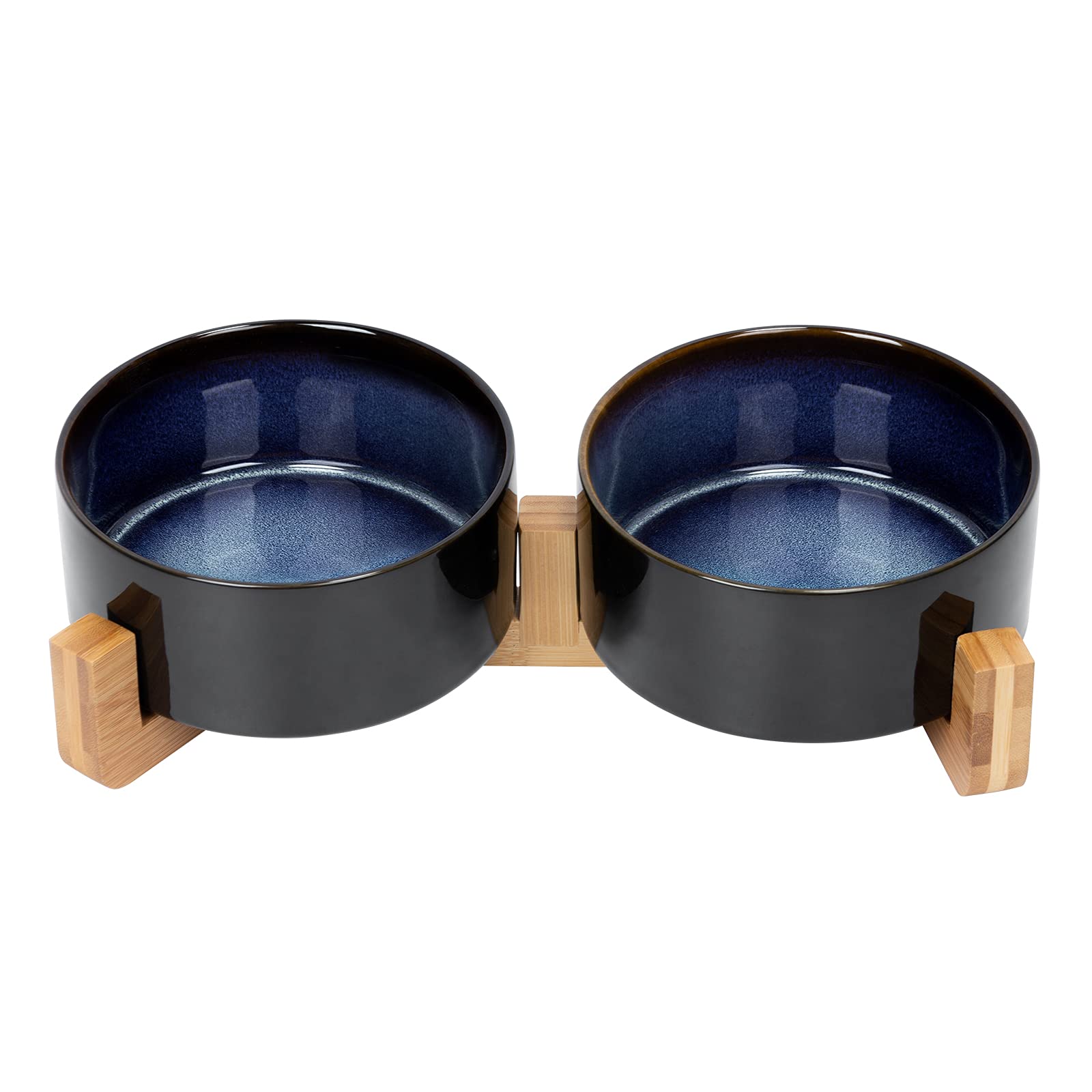 SPUNKYJUNKY New Ceramic Dog and Cat Bowl Set with Wooden Stand, Modern Cute Weighted Food Water Set for Small Size Dogs (13.5OZ) & Medium Sized Dogs (28.7OZ) & Cats (2 x 3.6 Cups)