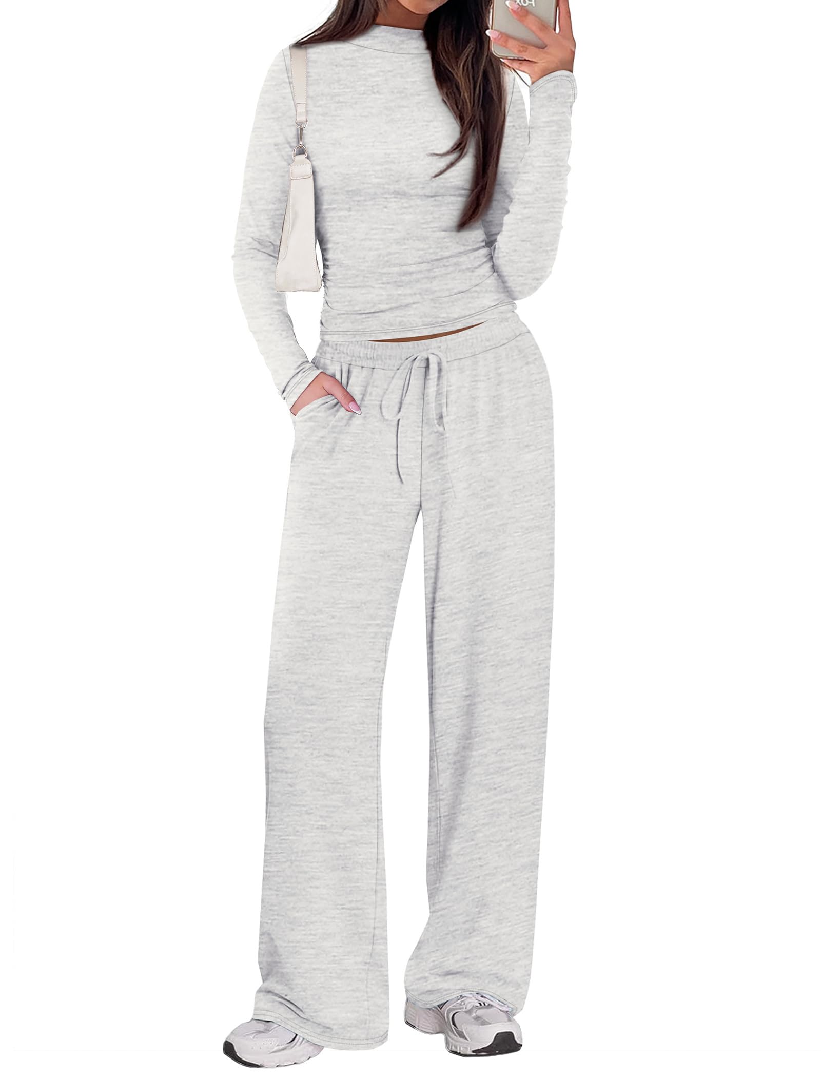 Sampeel Two Piece Lounge Set for Women 2 Piece Fall Outfits 2025 Mock Neck Ruched Tops Wide Leg