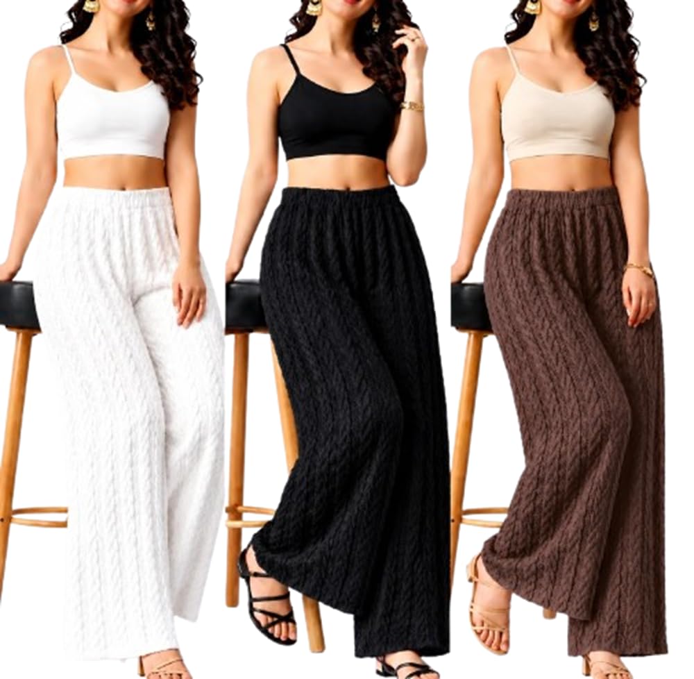 Anashra Women's Textured Wide Leg Palazzo Pants Combo Pack of 3 | Stylish Flared Palazzo Trousers for Casual Wear, Travel, Lounge & Everyday Comfort-picture-13
