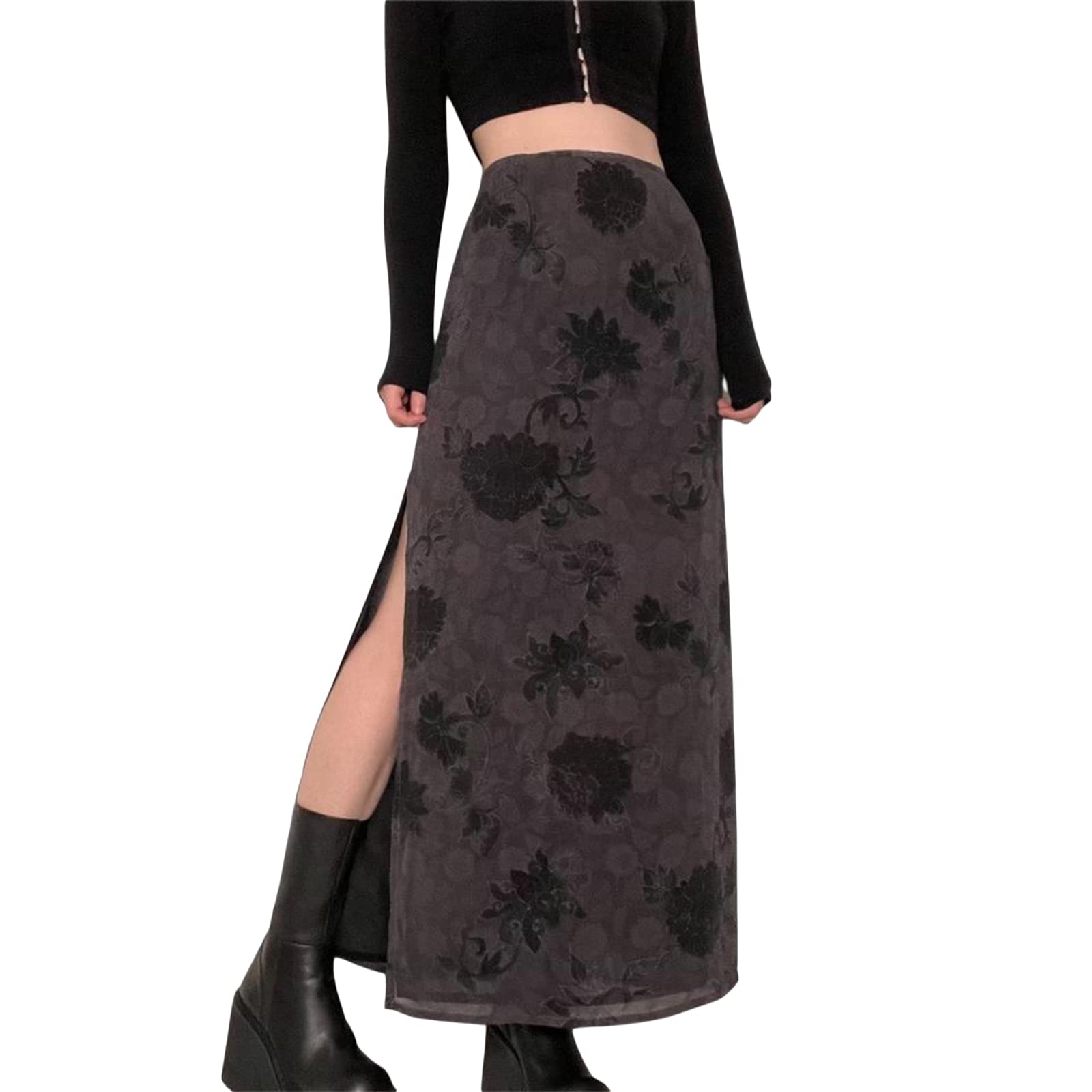 Women Vintage Long Skirt Summer Spring Casual High Waist Retro Floral Print Slim Fit Half Dress Streetwear - Gray Floral Large